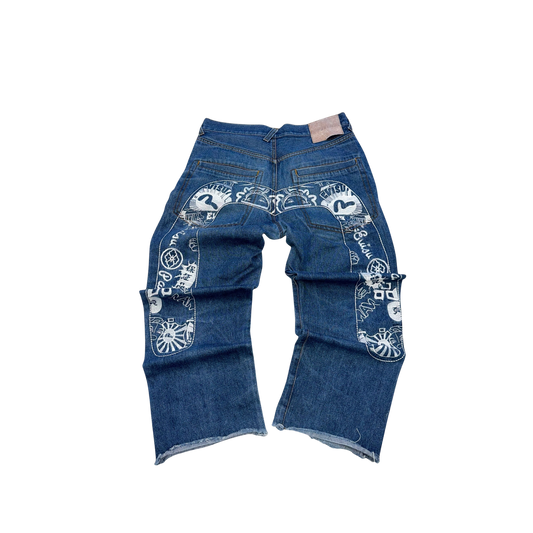 Evisu Graffiti Print Wide Leg Jeans